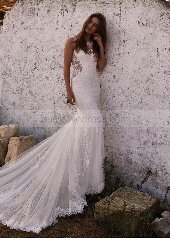 Ivory Lace Tulle Illusion Side Cutout Backless Wedding Dress